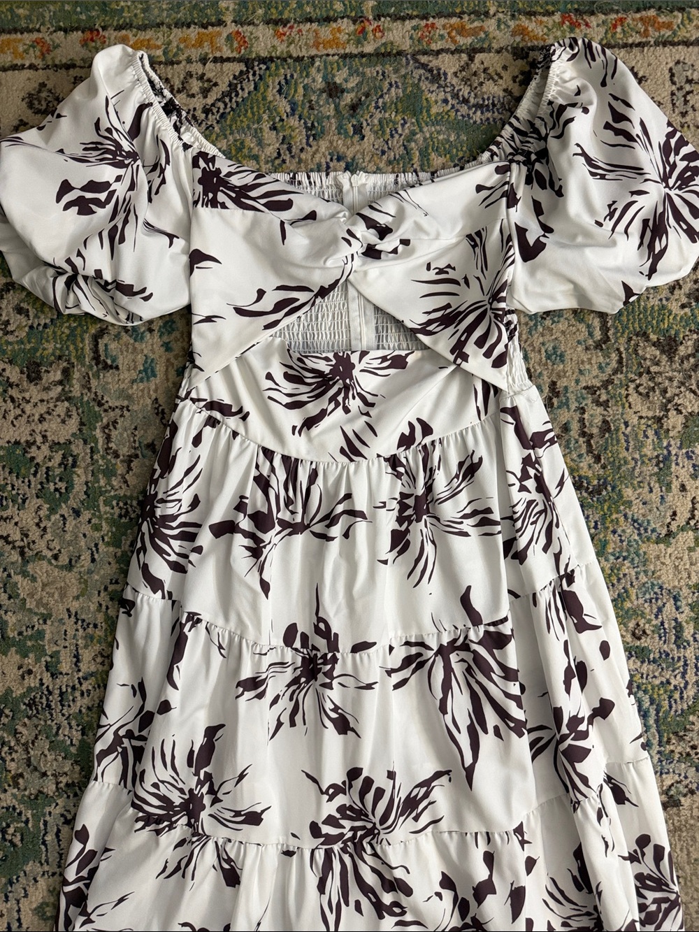 White Puff Sleeve Floral Cutout Maxi Dress - Brown Floral Print
